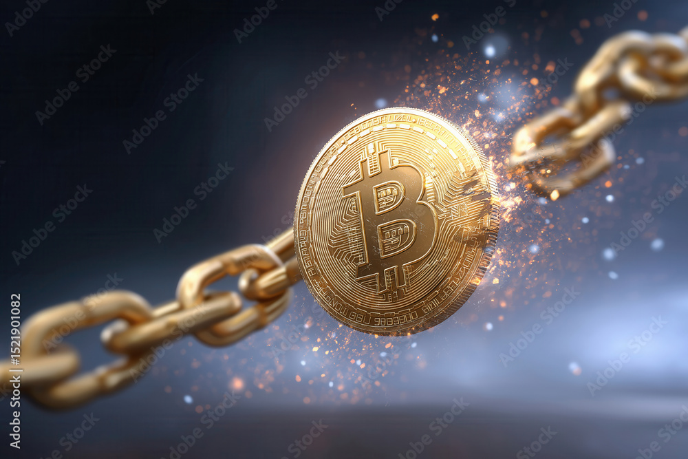 Aufkleber golden bitcoin shatters chains in dynamic motion with dramatic lighting and shadow on dark backgroun