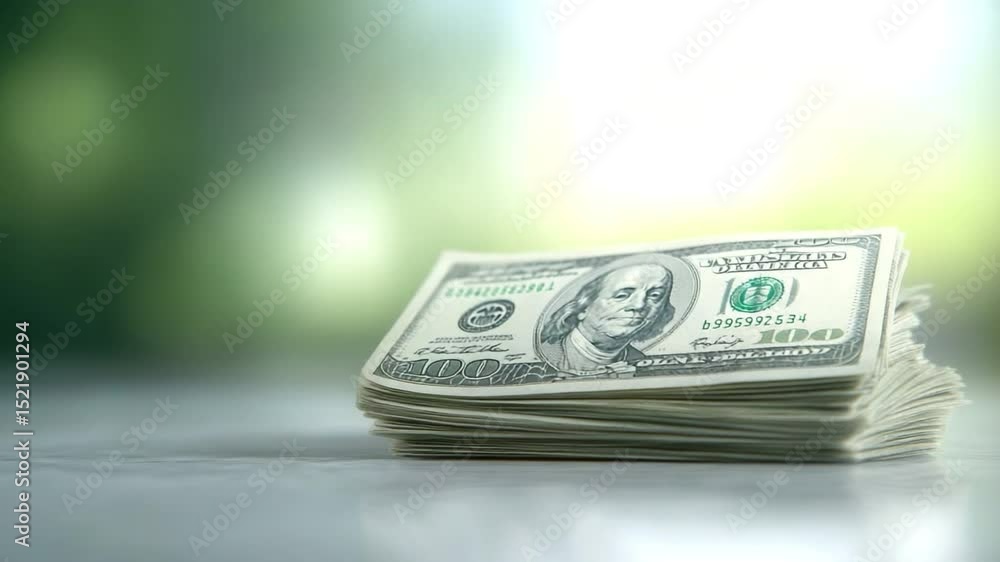 Poster Stack of Hundred Dollar Bills: A neat stack of crisp hundred-dollar bills rests on a table, subtly reflecting light.  The background is softly blurred, emphasizing the currency.