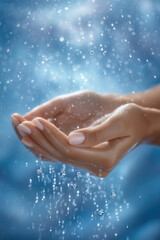 Fototapeta premium Hands catching raindrops in dreamy bokeh under soft sunlight creates an emotional minimalism effect. Bright and peaceful setting suggesting concepts for wellness, mindfulness, skincare