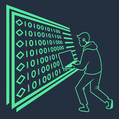 Digital Hacker Interacting with Binary Code and Laptop in Action