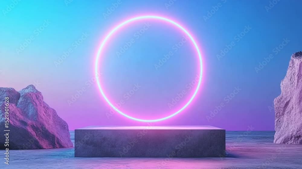 Poster neon portal: a radiant neon circle hovers above a stone platform between two rocks in a stylized gra