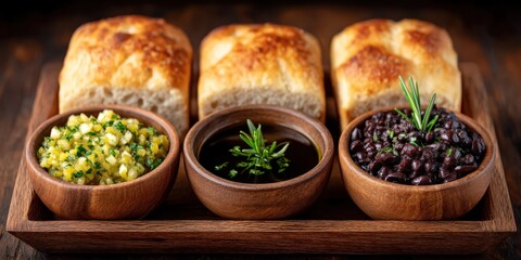 Rustic wooden platter showcasing golden-brown rolls alongside vibrant green salsa and rich black bean dip expressing culinary artistry and inviting comfort at a family gathering
