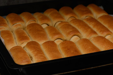 Golden homemade Parker House rolls baking in the oven. Soft, buttery, and freshly risen buns in a warm kitchen setting.