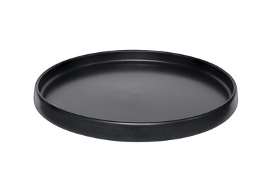 Empty round black ceramic matte dinner plate isolated cutout on transparent