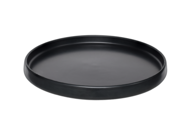 Empty round black ceramic matte dinner plate isolated cutout on transparent