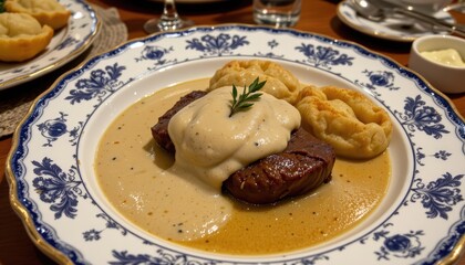 a dinner setting with a focus on the main course. a serving of grilled meat, possibly steak, is presented on a blue and white plate atop a bed of mashed potatoes, topped with a creamy sauce