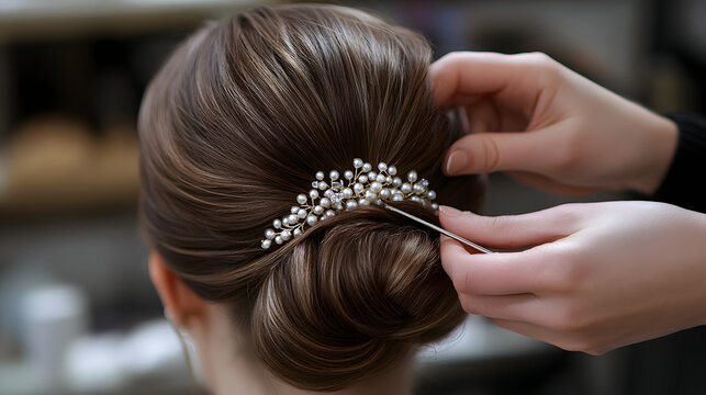 A woman's hair is being styled into a loose bun with a pearl hairpiece.