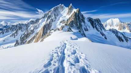 A snow covered mountain ridge with visible footprints leading forwards