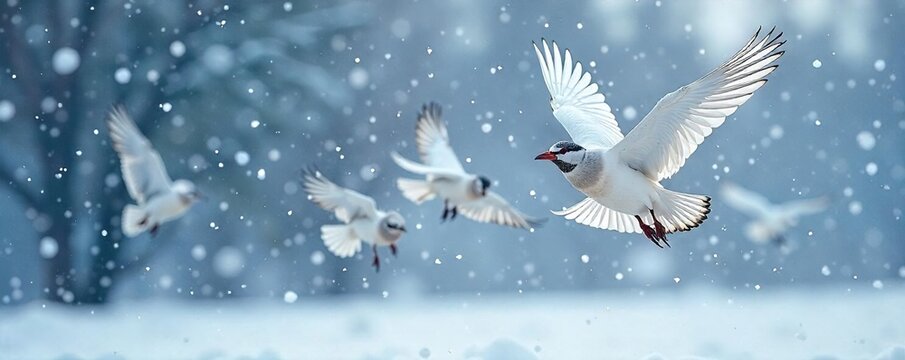 A flock of snowbirds takes flight amidst a blizzard, their wings beating against a backdrop of falling snow The scene is filled with the beauty and harshness of a winter wonderland , beauty, wildlife