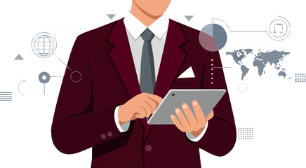 Businessman in burgundy suit using tablet with global data and analytics vector illustration 