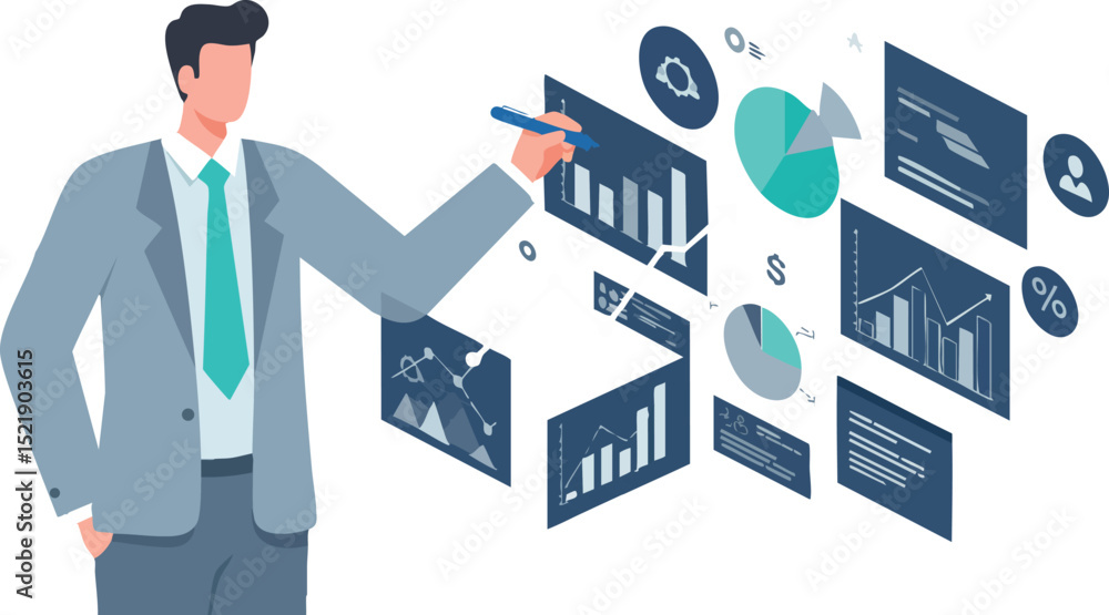 Poster businessman presenting data charts and graphs in digital interface for business analysis and strateg
