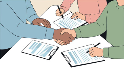 Business people shaking hands during contract signing illustration with paperwork and pens 