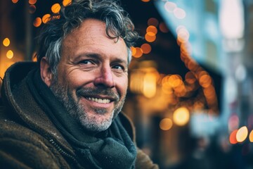 Portrait of a handsome middle-aged man with gray hair and beard, wearing a warm jacket and scarf, standing in front of a Christmas market.