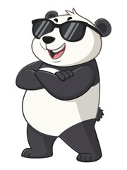 Stylish panda mascot with sunglasses and crossed arms, exuding a confident attitude in playful design