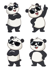Set of four fun panda illustrations with sunglasses in playful and trendy poses for a youthful design
