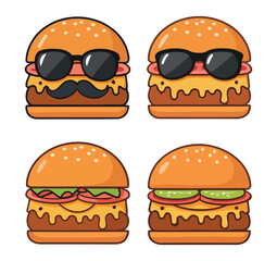 Cute and funny cartoon hamburger characters with sunglasses, mustache, cheese, and lettuce on transparent background