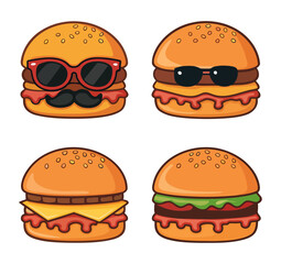 Set of cute hamburger mascots with accessories and toppings in comic style for fast food design