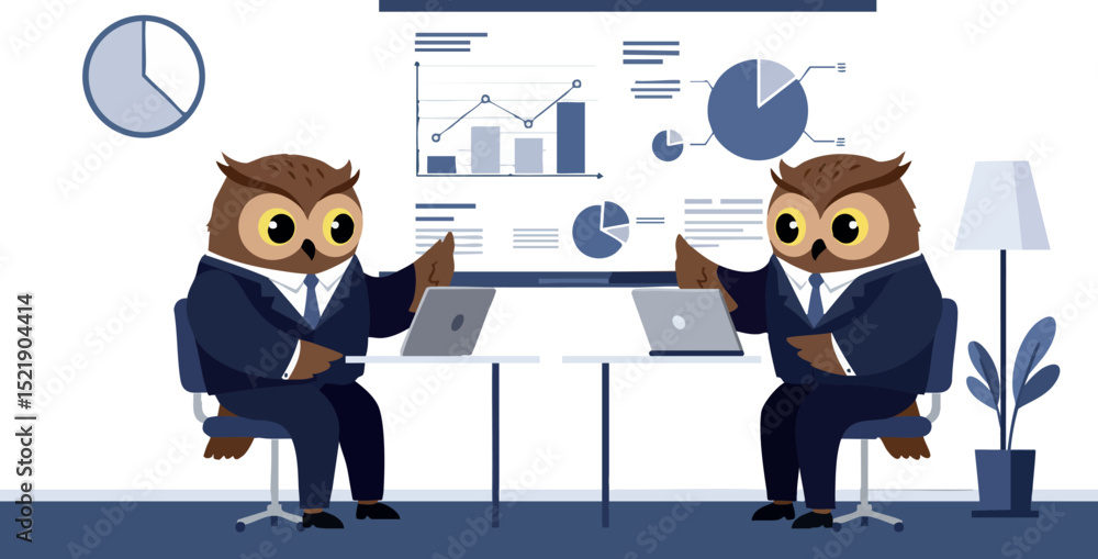 Poster two owls in business suits analyzing data charts in office setting vector illustration
