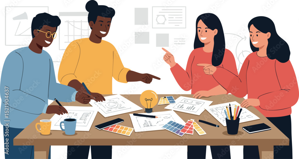Poster diverse team collaborating on creative project with documents and color swatches vector illustration