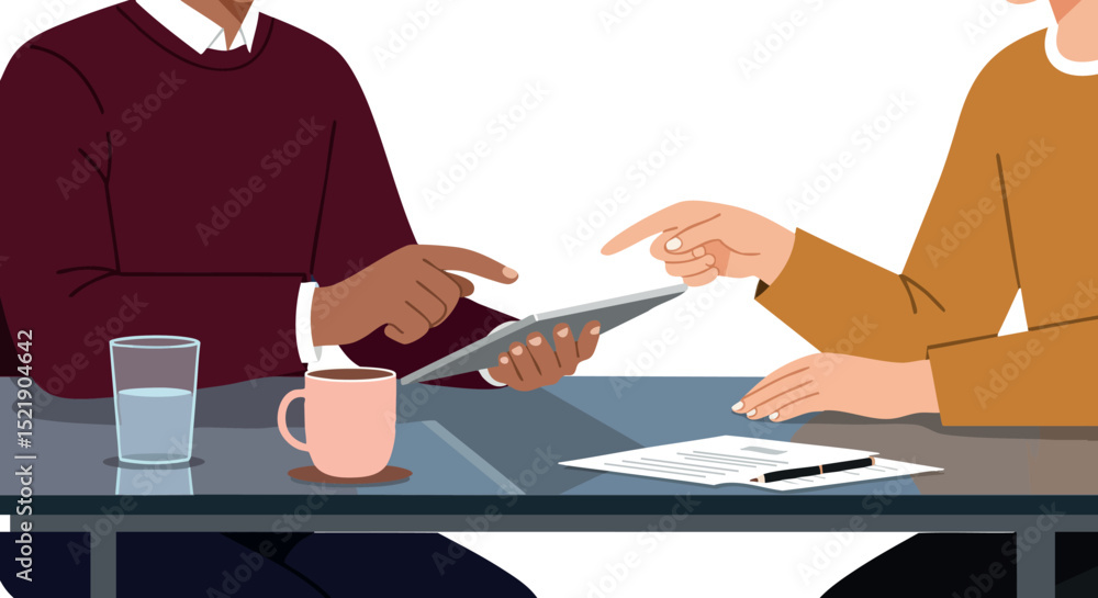 Poster two people discussing document using digital tablet in office setting