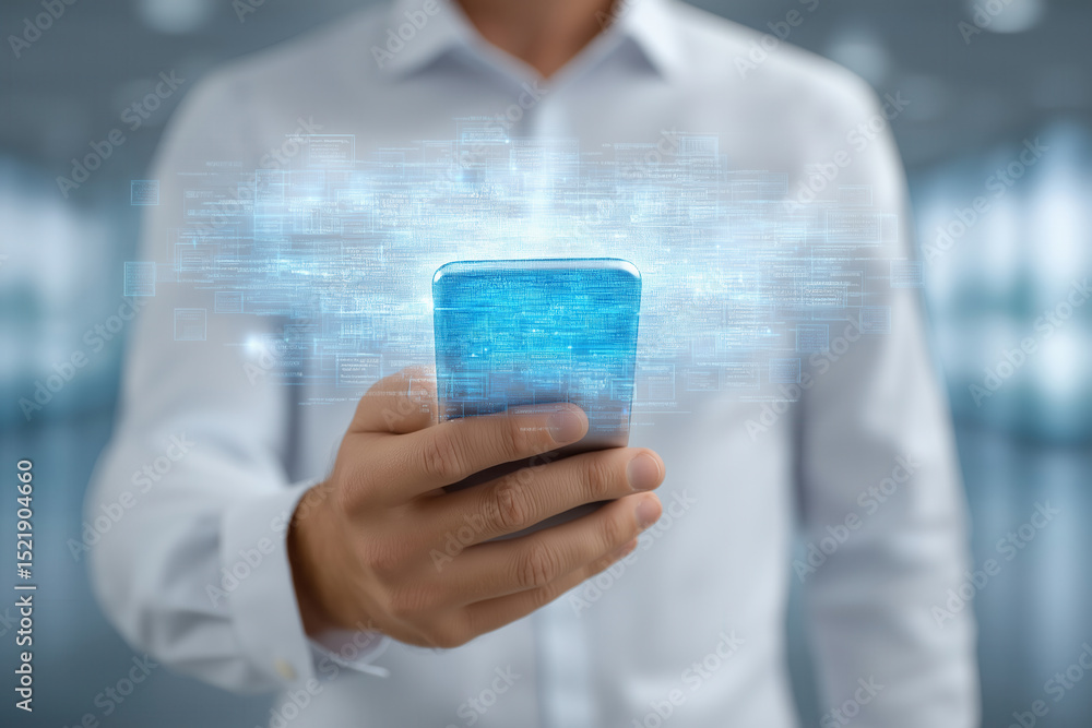 Poster individual using transparent holographic smartphone with glowing interface graphics. modern office e