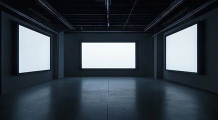 Empty gallery space with three large blank screens
