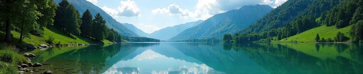 Obraz premium Serene mountain lake reflecting the sky, surrounded by lush green vegetation and towering trees Crystal clear water, tranquil scene, perfect for nature lovers , majestic mountains, horizon