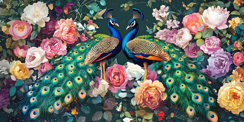 peacocks and flowers, ai generated.
