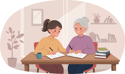 Elderly Woman and Young Girl Studying Together at Table in Cozy Room Vector Illustration 