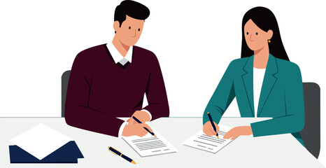 Business people signing documents at desk with envelope vector illustration 