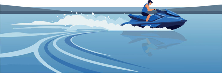 Jet Ski Rider on Calm Blue Water Creating Waves Vector Illustration 