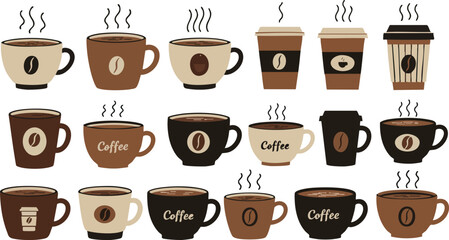 Obraz premium Coffee cups collection with various styles and steaming hot beverages vector illustration 