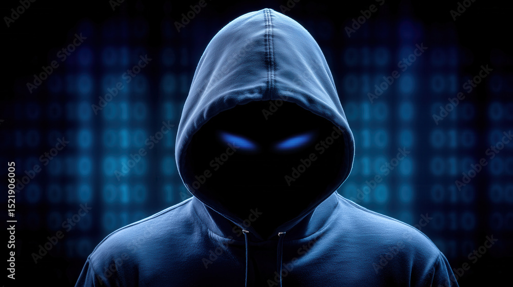 Poster hooded hacker focuses on glowing screens with code and projections. dark room enhances high-tech amb