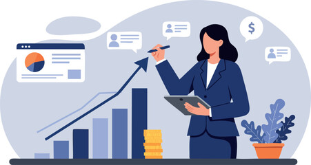 Fototapeta premium Businesswoman presenting financial growth chart with digital tablet and coins in office environment 