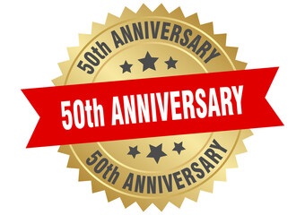 50th anniversary. 50th anniversary round red and gold label isolated on transparent background