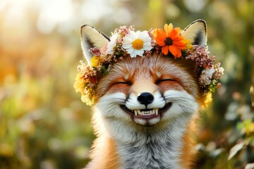 Soft daylight. Cute adult animal fox wearing feral flower wreath on its head. Summer happiness. Elegant forest animal with flowers. Graceful wild creature in bloom. Gentle wilderness moment.