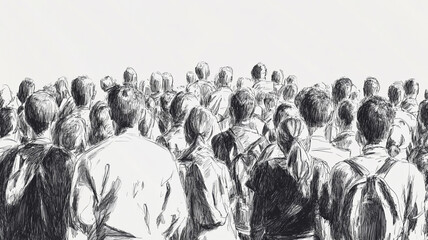 Grayscale sketch of civilians tightly packed at a public event