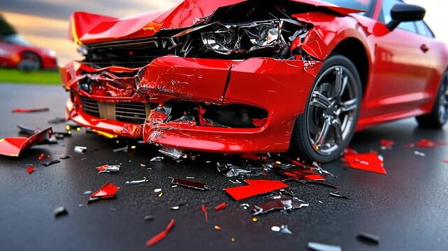 Aftermath of a Car Crash: A Red Car Severely Damaged