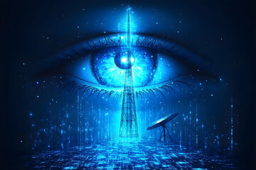 An eye beams light onto a tower, with a satellite dish on a circuit board style floor, all in blue hues