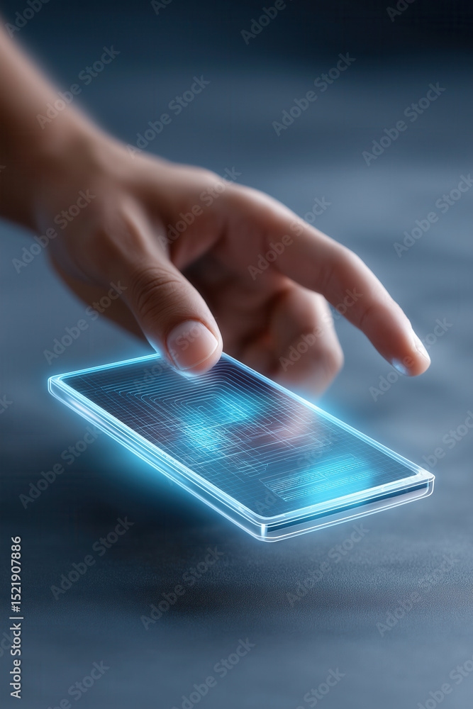 Poster person engages with transparent holographic smartphone, displaying advanced interface graphics in hi