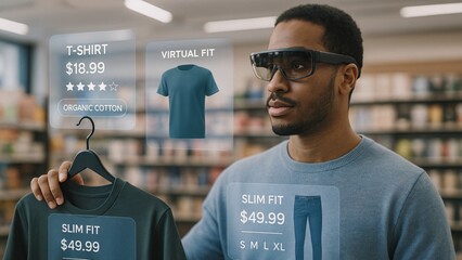 Young black man using augmented reality glasses while browsing clothes in a fashion store, visualizing product information and virtual fits