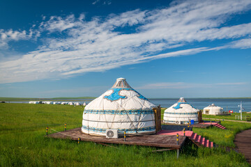 The Mongolian yurts on the Horonor Grassland in Hulunbuir City, Inner Mongolia Autonomous Region, China