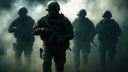 Fototapeta premium Armed soldiers advancing through thick smoke and swirling dust, embodying the intensity and drama of military action on the battlefield during a high-stakes operation