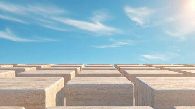 Abstract Blocks Beneath Azure Skies: A geometric composition of aligned, textured blocks stretches towards a cloud-strewn, bright blue sky, offering a sense of depth and serene simplicity.