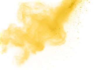 Golden Yellow Powder Explosion on Black Background Abstract Dust Cloud with Particles Color Burst for Holi Festival