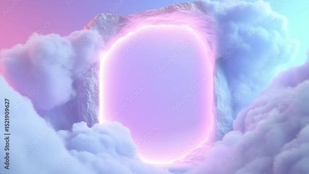 Poster dreamscape portal: a mesmerizing journey into the ethereal with a glowing portal, floating amidst fl