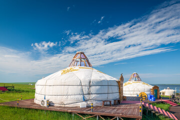 The Mongolian yurts on the Horonor Grassland in Hulunbuir City, Inner Mongolia Autonomous Region, China