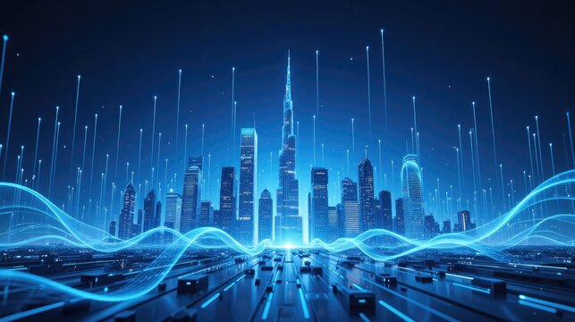 Futuristic digital cityscape with glowing skyscrapers, neon lights, and data streams on blue background, advanced urban development with high-tech atmosphere