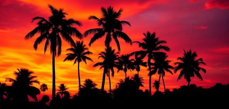 Silhouetted palm trees against a vibrant orange and purple sunset sky,  picturesque,  vacation