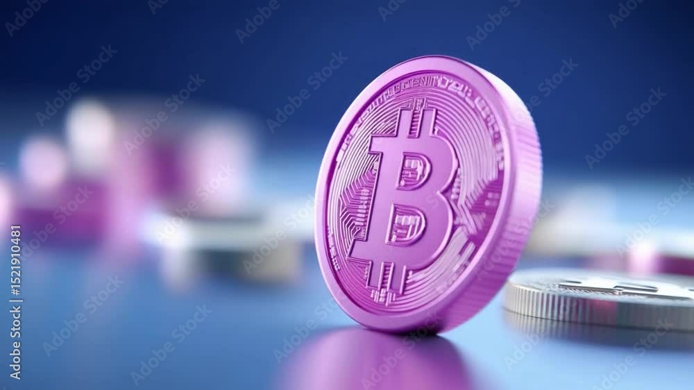 Poster bitcoin coin in close-up: a single, gleaming bitcoin coin, rendered in a vibrant hue, is the focal p